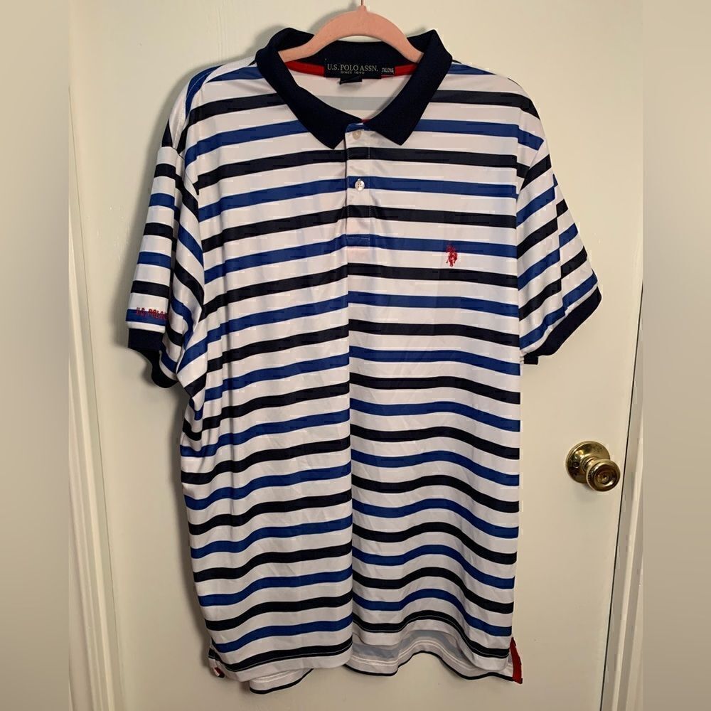 US Polo Assn. GUC blue/white striped polo with red detail Size 2XL